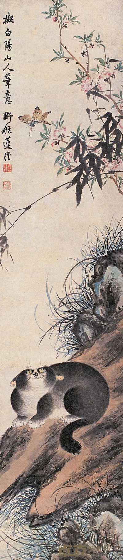 莲溪 猫蝶 立轴 122×27.5cm